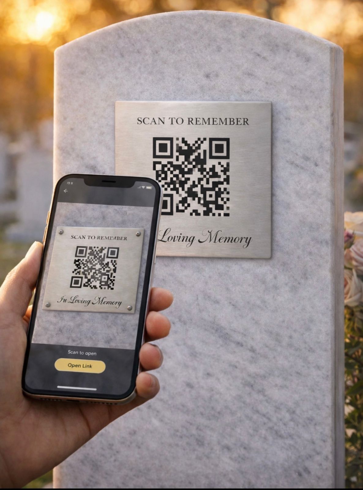 QR Memorial Plaque on granite headstone