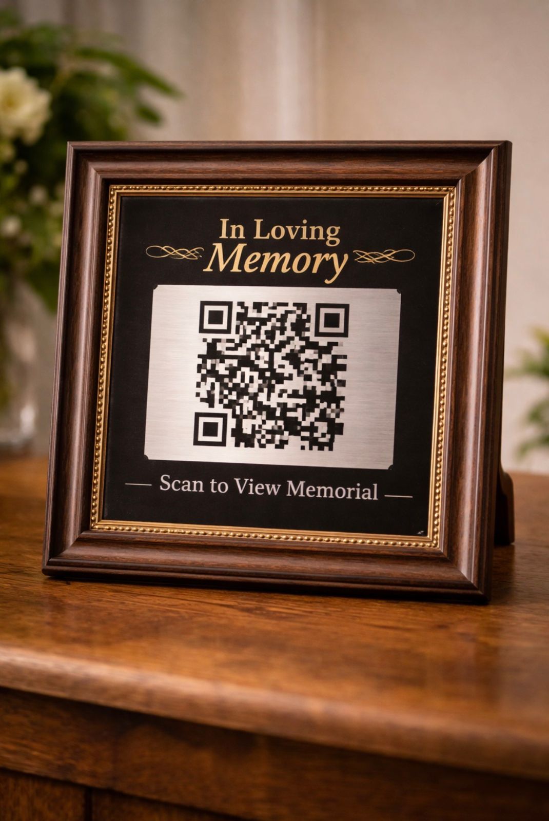 QR memorial picture frame with family photo and candlelight